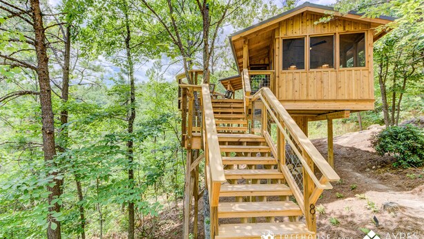 A wooden treehouse with a staircase, surrounded by a forest. - Outdoor Shower Treehouse in Smokies | Cottonwood (Sevierville)