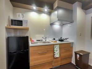Fridge, microwave, stovetop, cookware/dishes/utensils