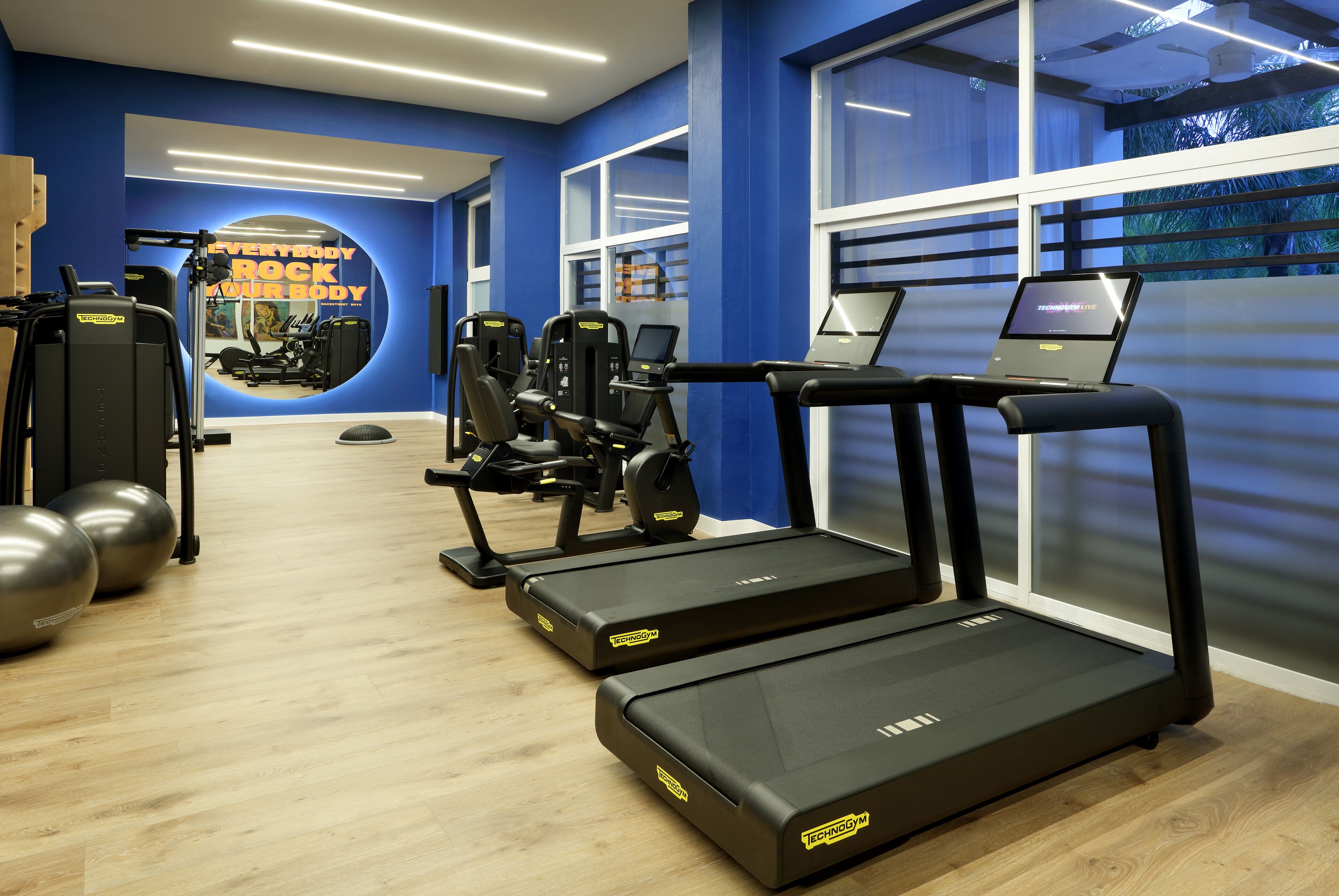 Uma academia com esteiras, máquinas de peso e bolas de exercício.