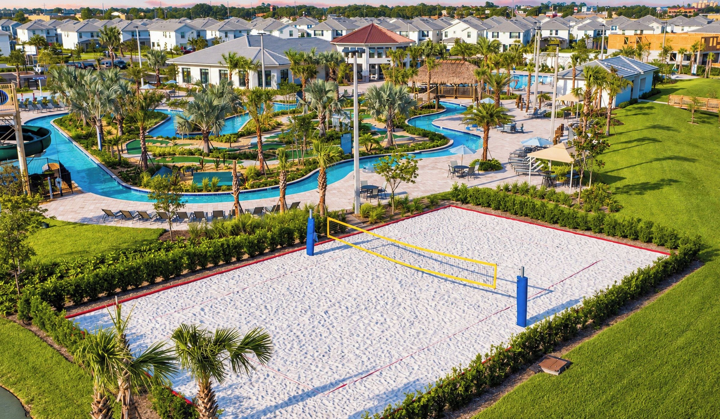 A resort with multiple swimming pools, palm trees, and a large sandy area.