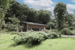 Une maison moderne à la façade en pierre, entourée d’une végétation luxuriante et de grands arbres.