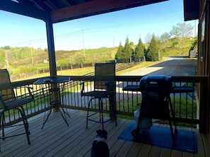 A covered outdoor area with a wooden deck, metal chairs, a barbecue grill, and a view of a rural landscape with trees and a road.