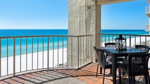 A balcony with a view of the beach and ocean. - Beach Front | Water Views | Pool | Tennis | Hot Tub | Free Beach Chairs (Miramar Beach)