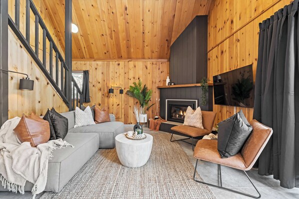 Televisio, takka, kirjoja, työhuone