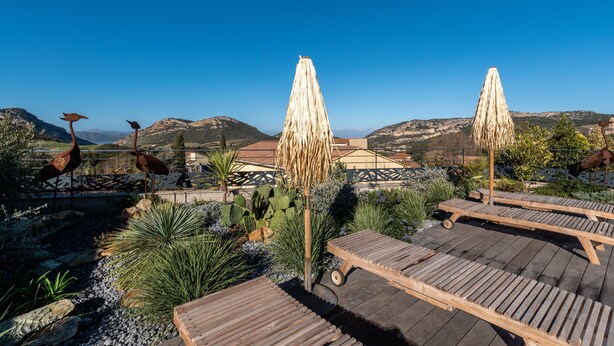 Una terraza en la azotea con sillones de madera, un pequeño jardín con cactus y una escultura decorativa de un pájaro, y una vista despejada de las colinas circundantes.