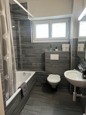 Combined shower/tub, hair dryer, towels, toilet paper