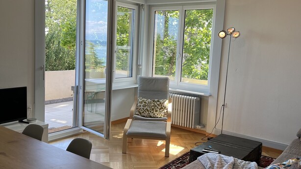 Un salon spacieux avec une grande table, un canapé confortable et un fauteuil. De grandes fenêtres offrent une vue sur la verdure et un immeuble.
