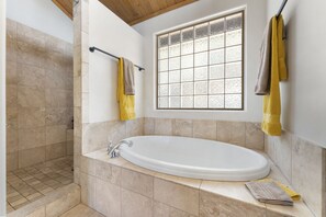 Combined shower/tub, hair dryer, towels, toilet paper