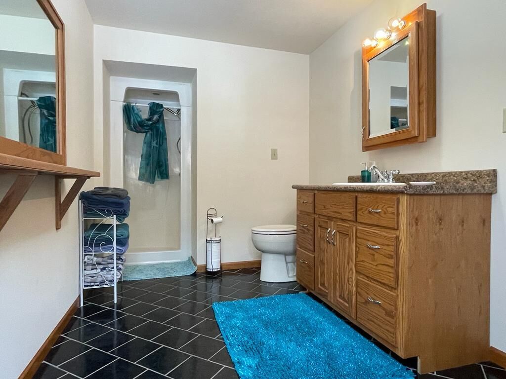 Combined shower/tub, towels, soap, shampoo