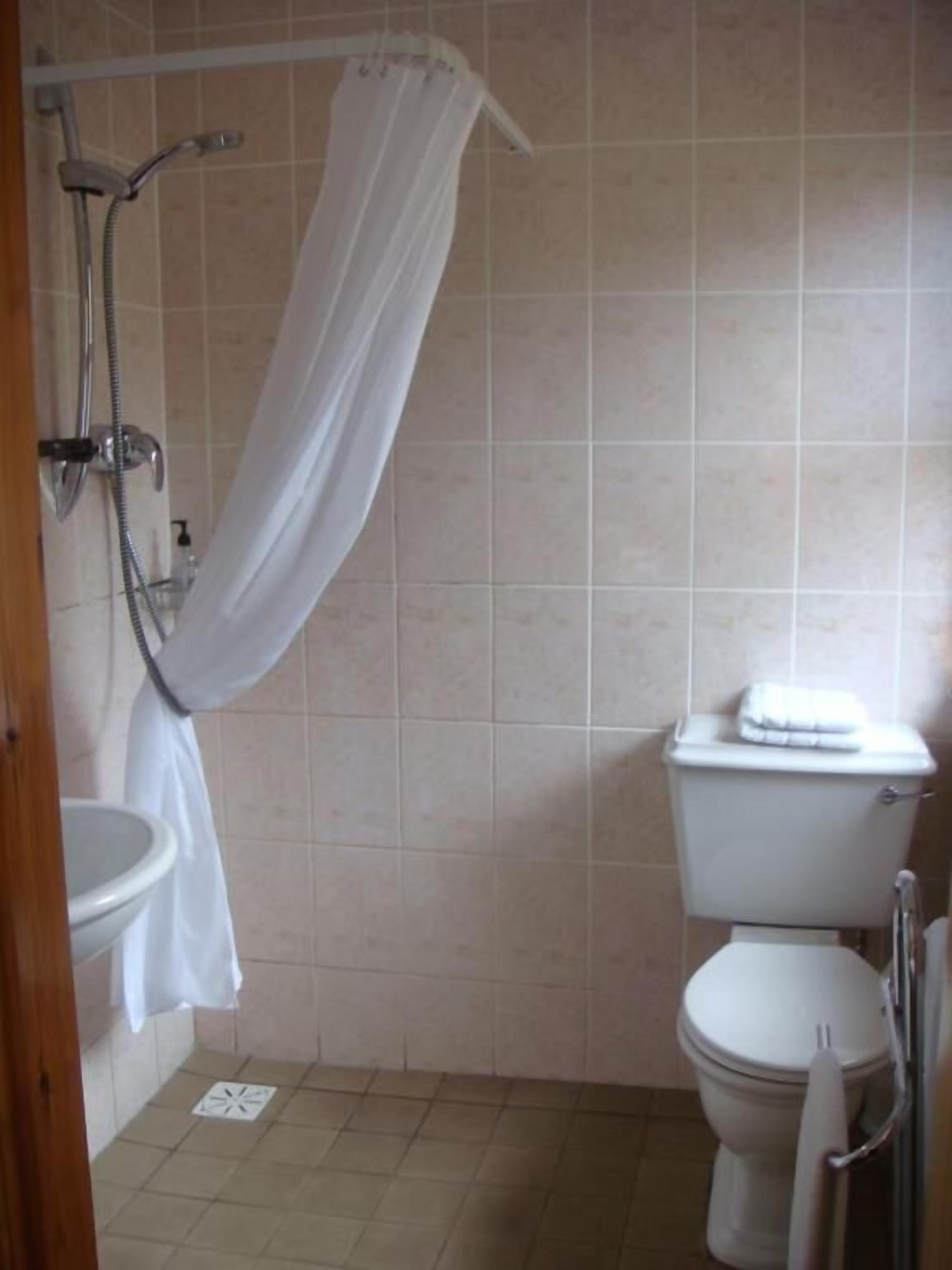 Un baño con ducha, inodoro y lavamanos.