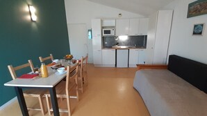 A compact living space with a dining area, kitchenette, and a sofa.