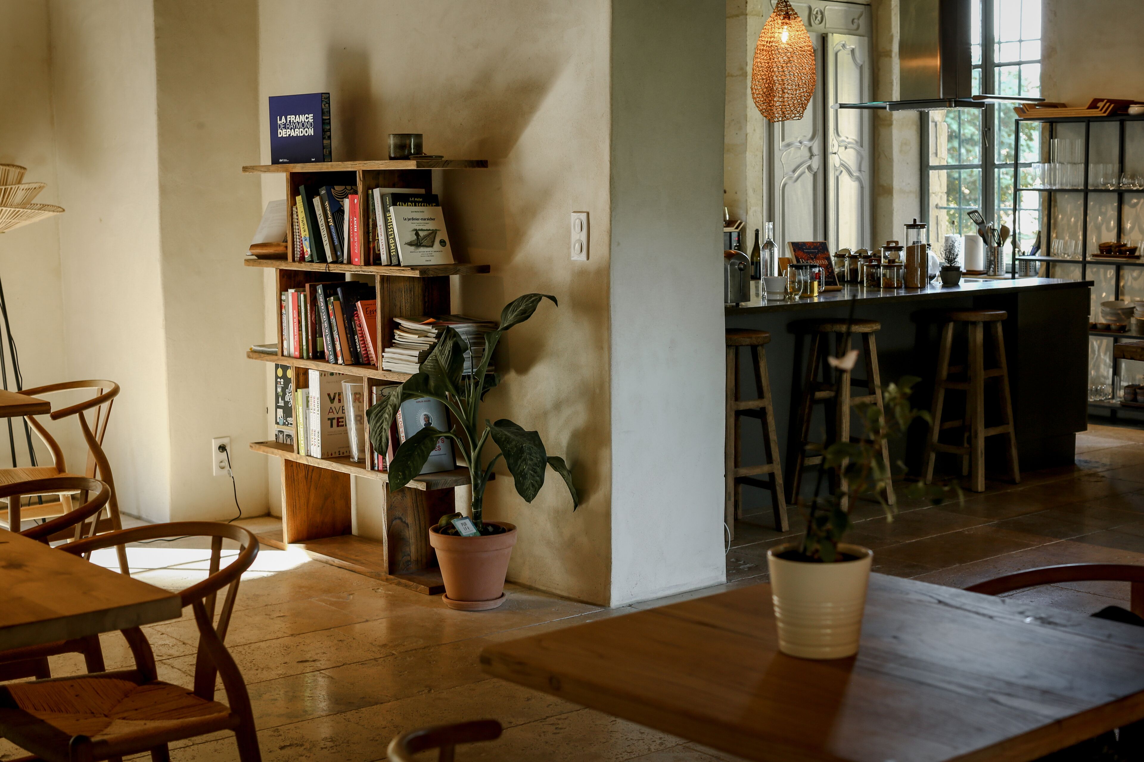 Een gezellige keuken met houten meubels, een boekenkast en een bloempot.