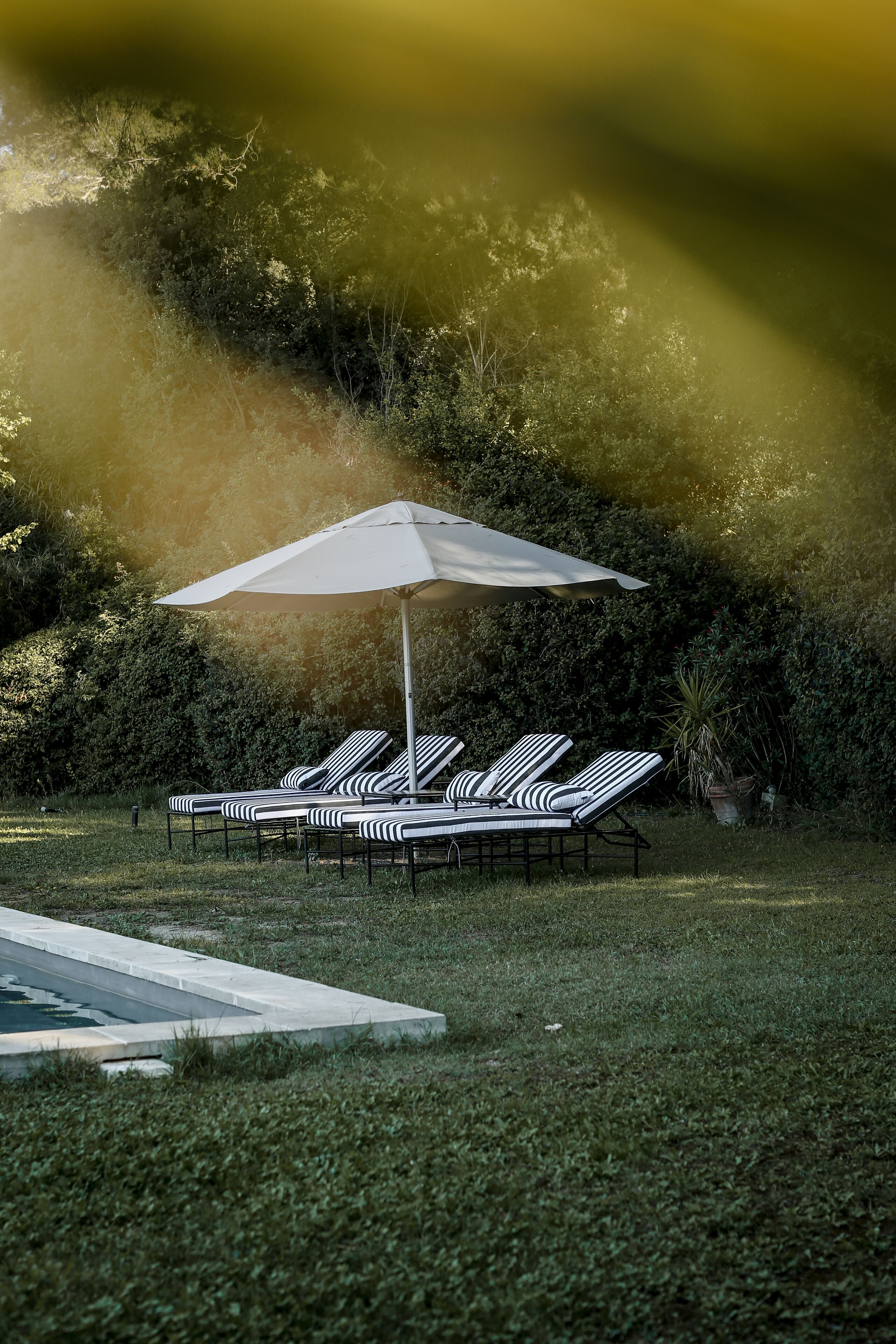 Un área junto a la piscina con sillones de descanso y una sombrilla grande.