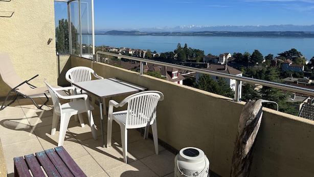 Un balcon avec une table et des chaises, un pot de fleurs et une vue sur un lac et des montagnes.