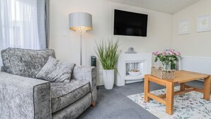 A living room with a grey sofa, a floor lamp, a TV, a fireplace, and a wooden table with a floral rug. - The Cotswold Holiday Lodge (Evesham)