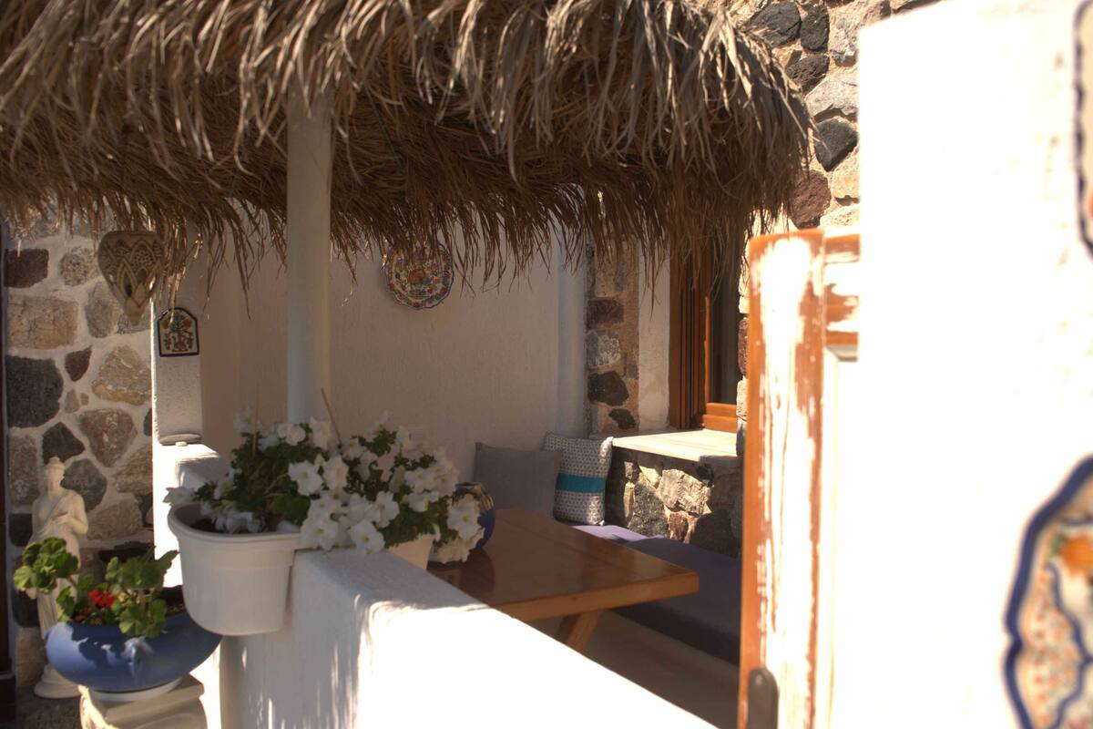 Ett rum med stenmurar och ett halmtak, ett träbord och en krukväxt med vita blommor.