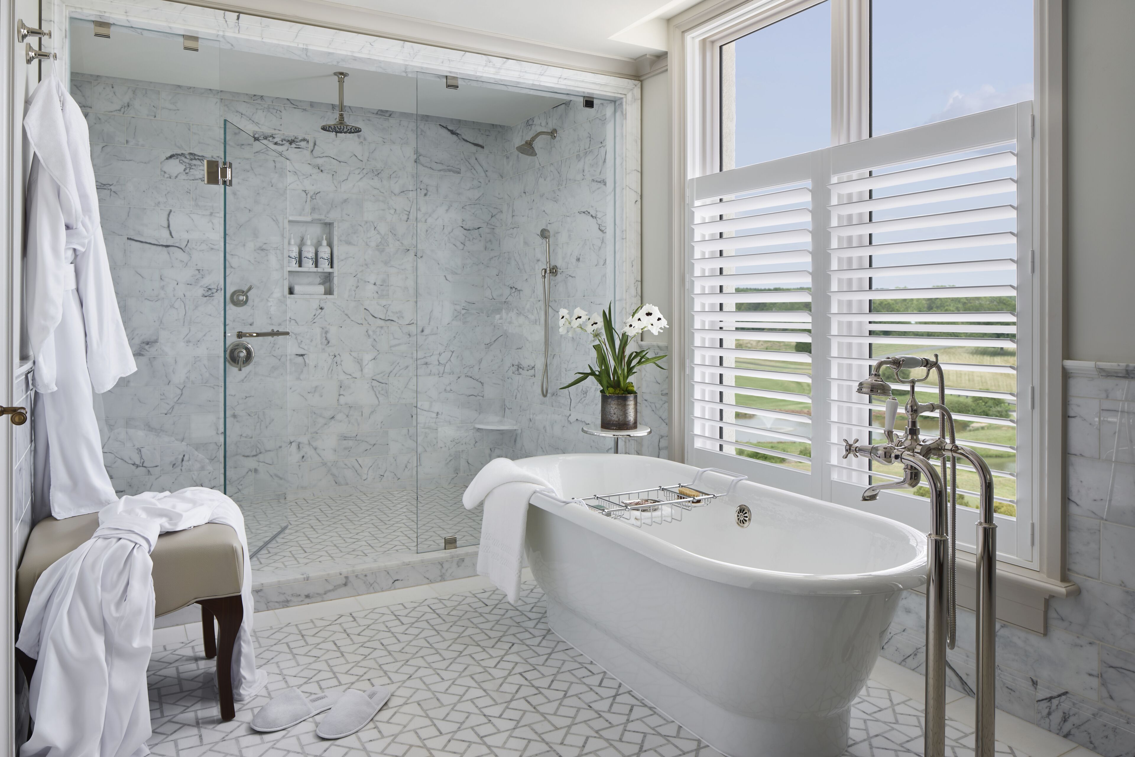 Rainfall showerhead, designer toiletries, hair dryer, bathrobes