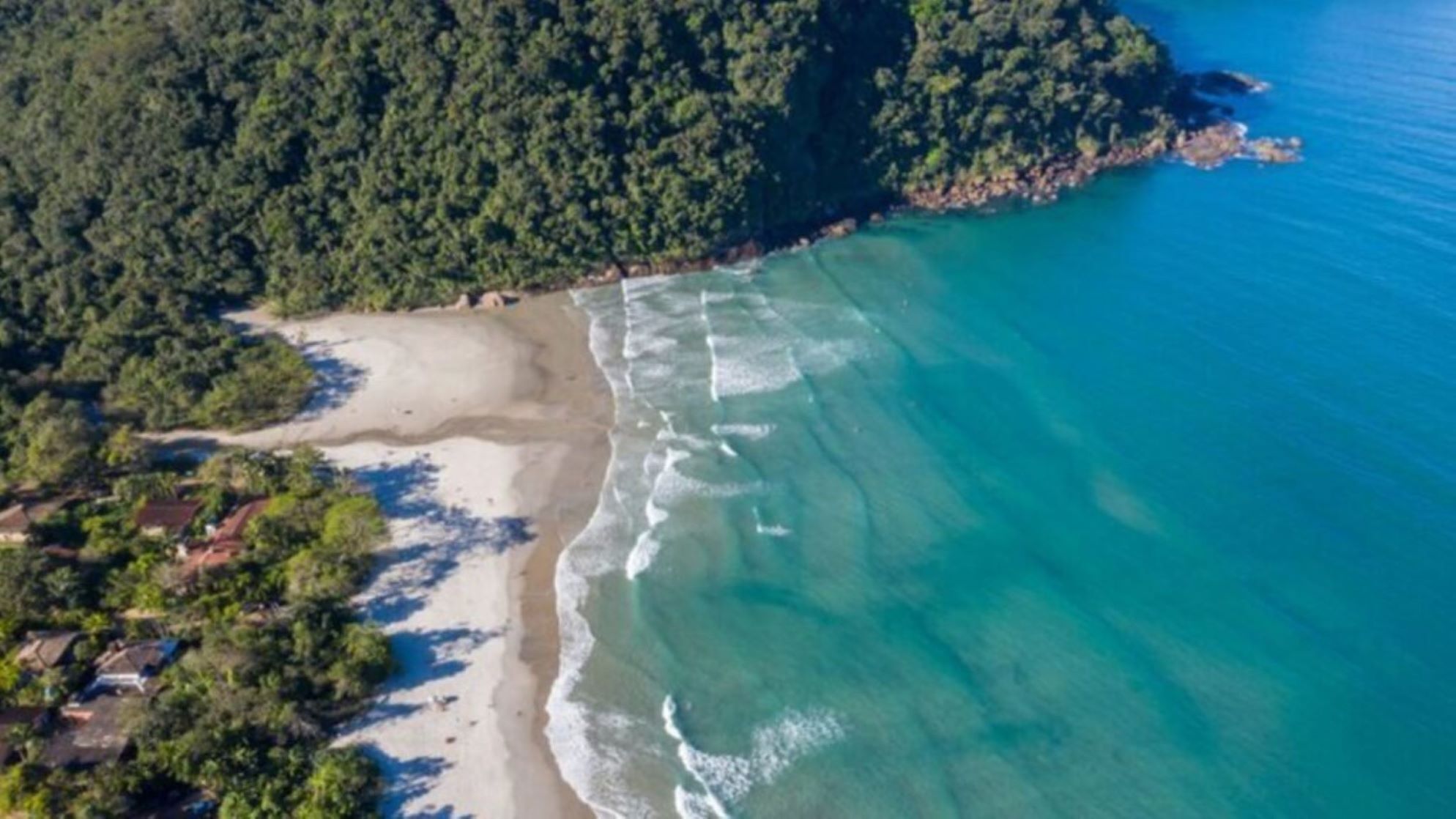 An aerial view of a coastal area with a sandy beach, dense forest, and clear blue waters.
