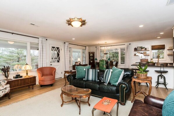 TV, fireplace, books