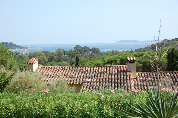 A terracotta-tiled roof with a chimney, surrounded by lush greenery and overlooking a coastal landscape.