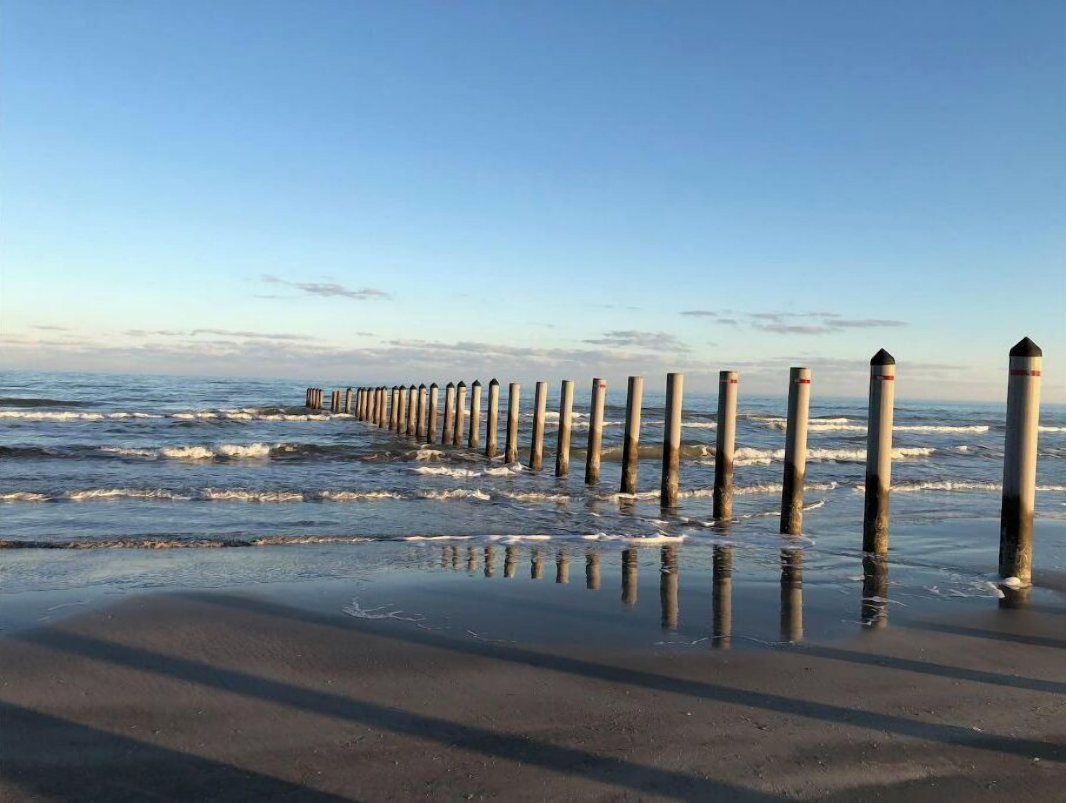 A beach with a row of wooden posts extending into the sea.