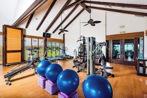 Et fitnessrum med træningsudstyr, en loftventilator og udsigt til det fri.