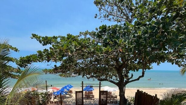 A wooden deck with tables and chairs, umbrellas, and a large tree providing shade. - Santorini Beach Hotel (Porto Seguro)