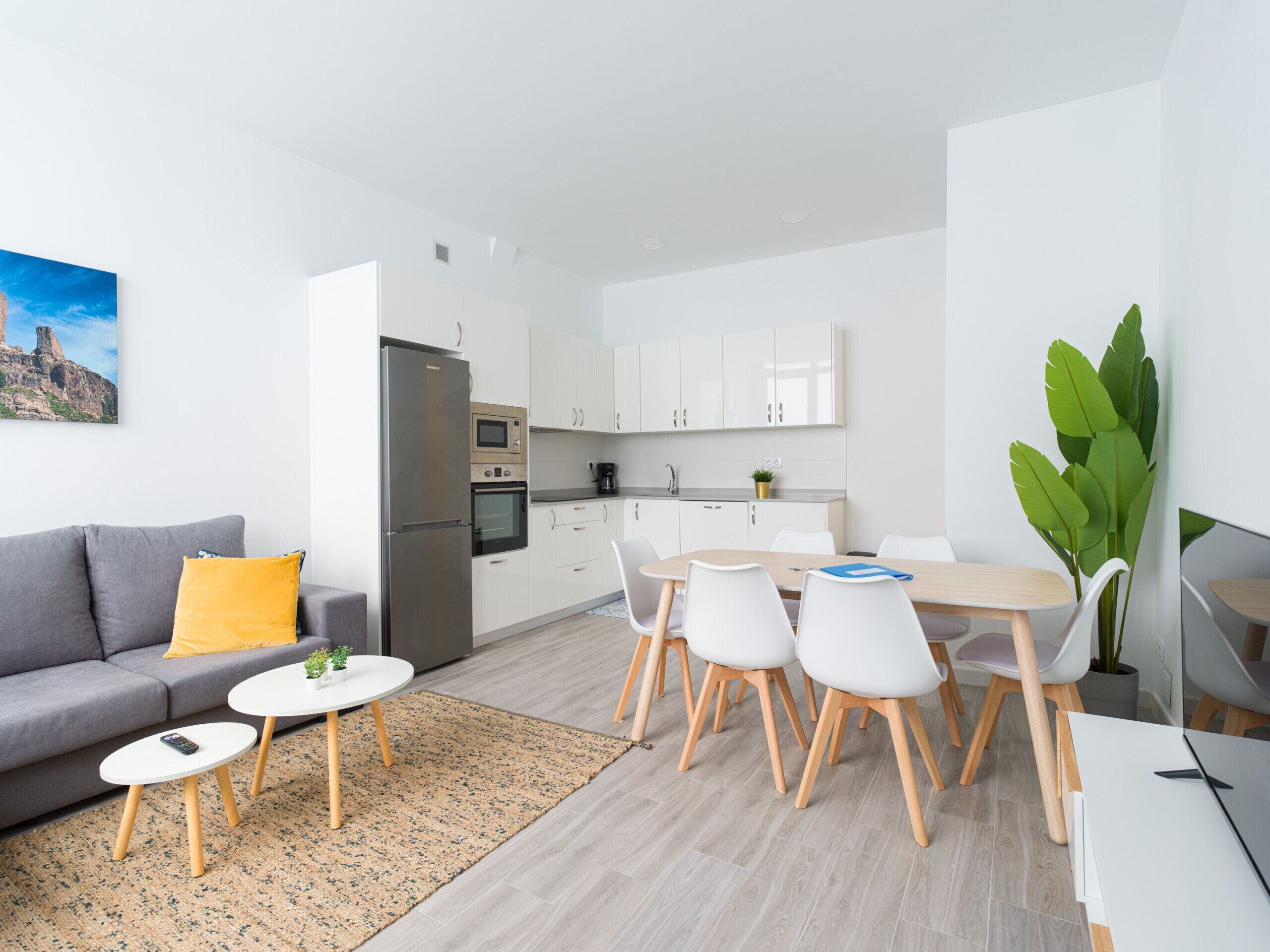 Ein modernes Apartment mit grauem Sofa, einem Esstisch mit weißen Stühlen, einer Küche mit weißen Schränken und einer großen Zimmerpflanze.