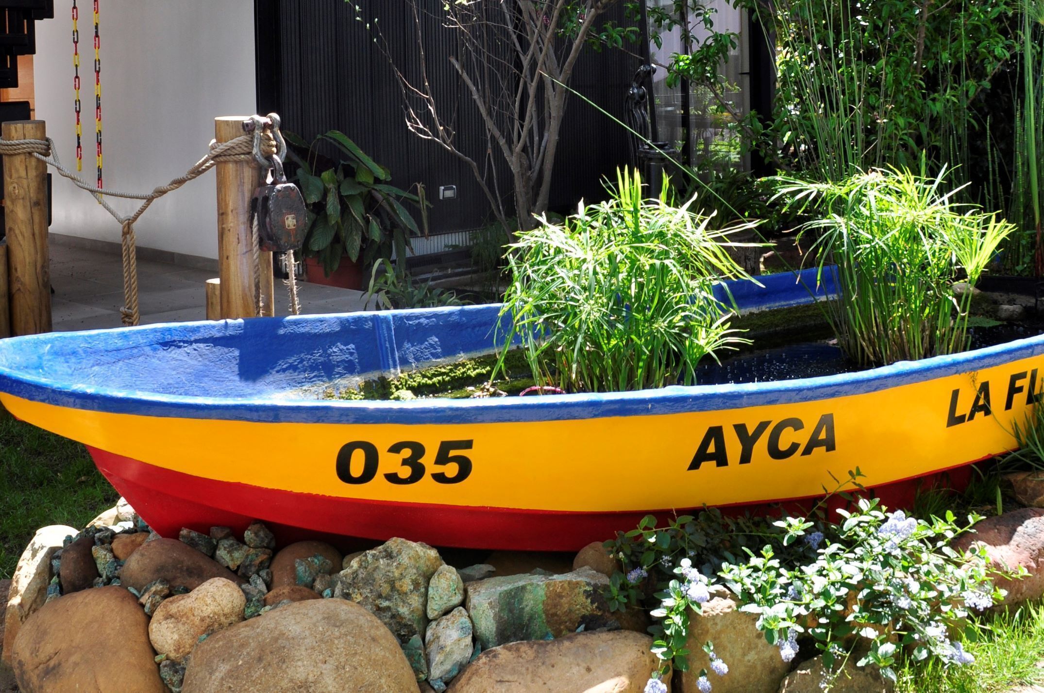 A colorful boat with the number 035 and the word "AYCA" on it, surrounded by rocks and plants.