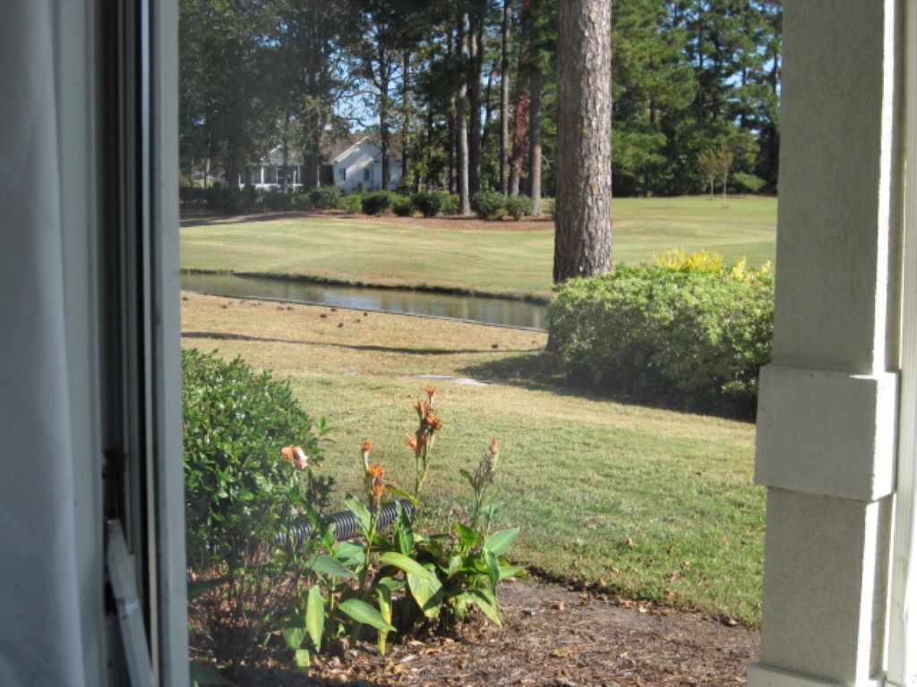 A view from inside a building looking out to a well-maintained lawn with a pond, trees, and a house in the background.