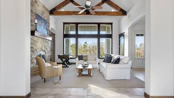 TV, fireplace, foosball, books