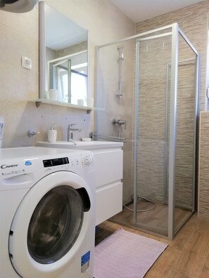 Shower, hair dryer, towels