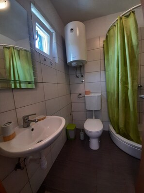 A bathroom with a sink, toilet, and shower.