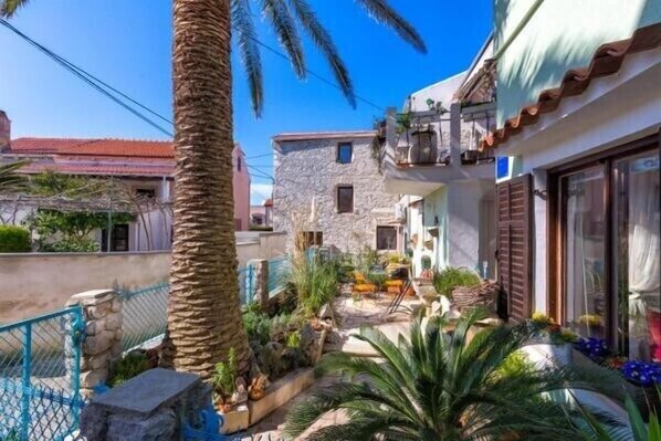 A courtyard with stone buildings, a palm tree, and a blue fence.