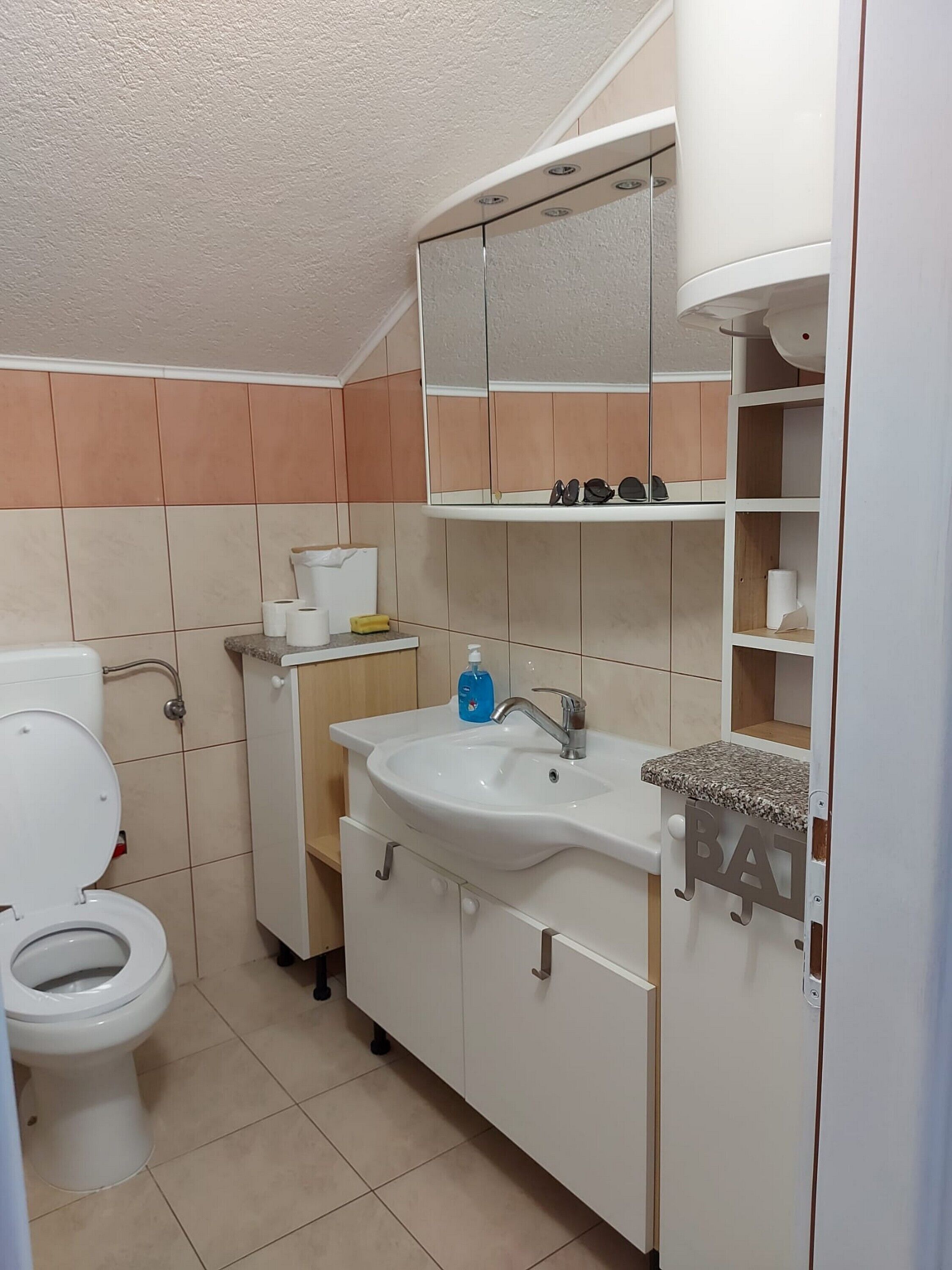 Casa de banho com sanita, lavatório, espelho e prateleiras.