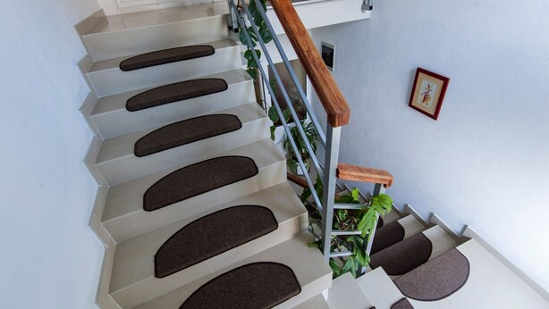 A staircase with a handrail, a wall-mounted picture, and a potted plant.