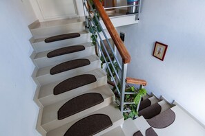 Eine Treppe mit Handlauf, einem an der Wand hängenden Bild und einem Topfpflanzen.