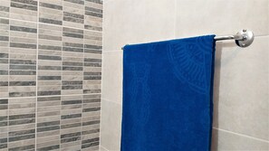 Douche, séchoir à cheveux, serviettes fournies