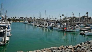 A marina with numerous boats docked, calm water, and a rocky shoreline. - Beautiful and Cozy 4-BR residential home! (Oxnard)