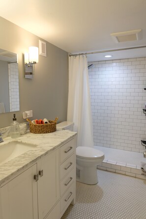 Shower, hair dryer, towels, soap