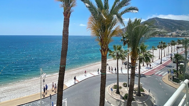 A beachside promenade with palm trees, a road, and a view of the sea.