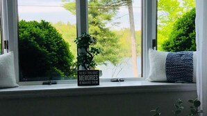 A window with a view of trees and a lake, a small sign on the sill, and a cushion on the window ledge.