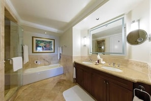 Bathtub, hair dryer, towels, soap