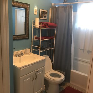 Combined shower/tub, hair dryer, towels