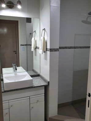 Shower, hair dryer, bidet, towels