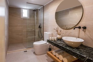 Hair dryer, towels, soap, shampoo