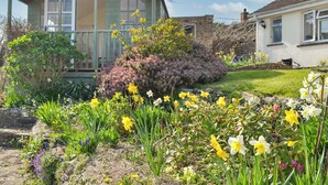 A quaint house with a porch, surrounded by a garden with daffodils and other flowers. - 3 bedroom accommodation in Blakeney Hill, near Lydney, Forest of Dean (Blakeney Hill, near Lydney, Forest of Dean)