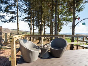 Une terrasse en bois avec des meubles en osier, une table avec une tasse et une soucoupe, et une vue sur une zone boisée.