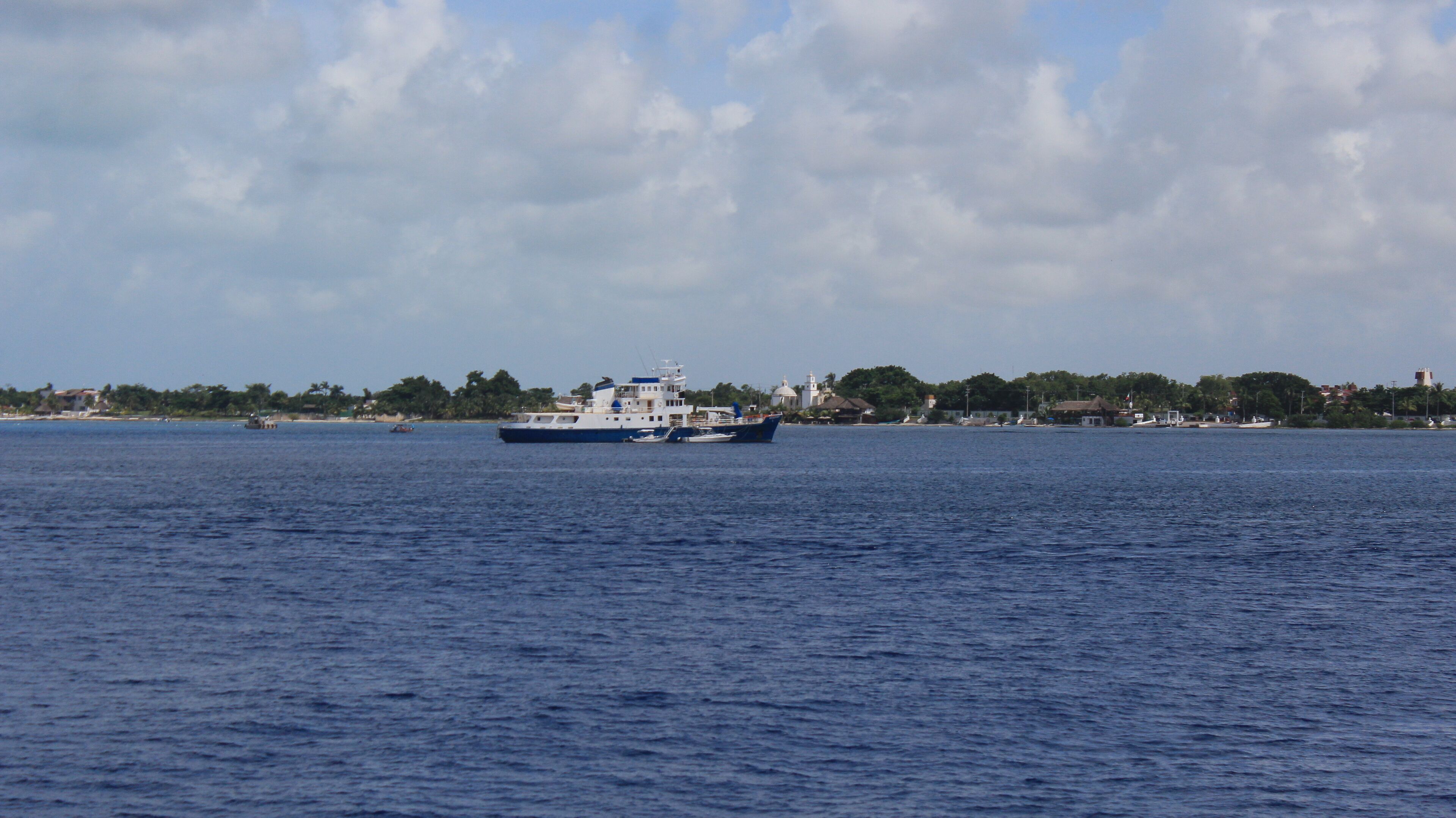A ferry traveling across a body of water with a coastline in the background.