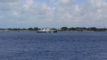 A ferry traveling across a body of water with a coastline in the background.